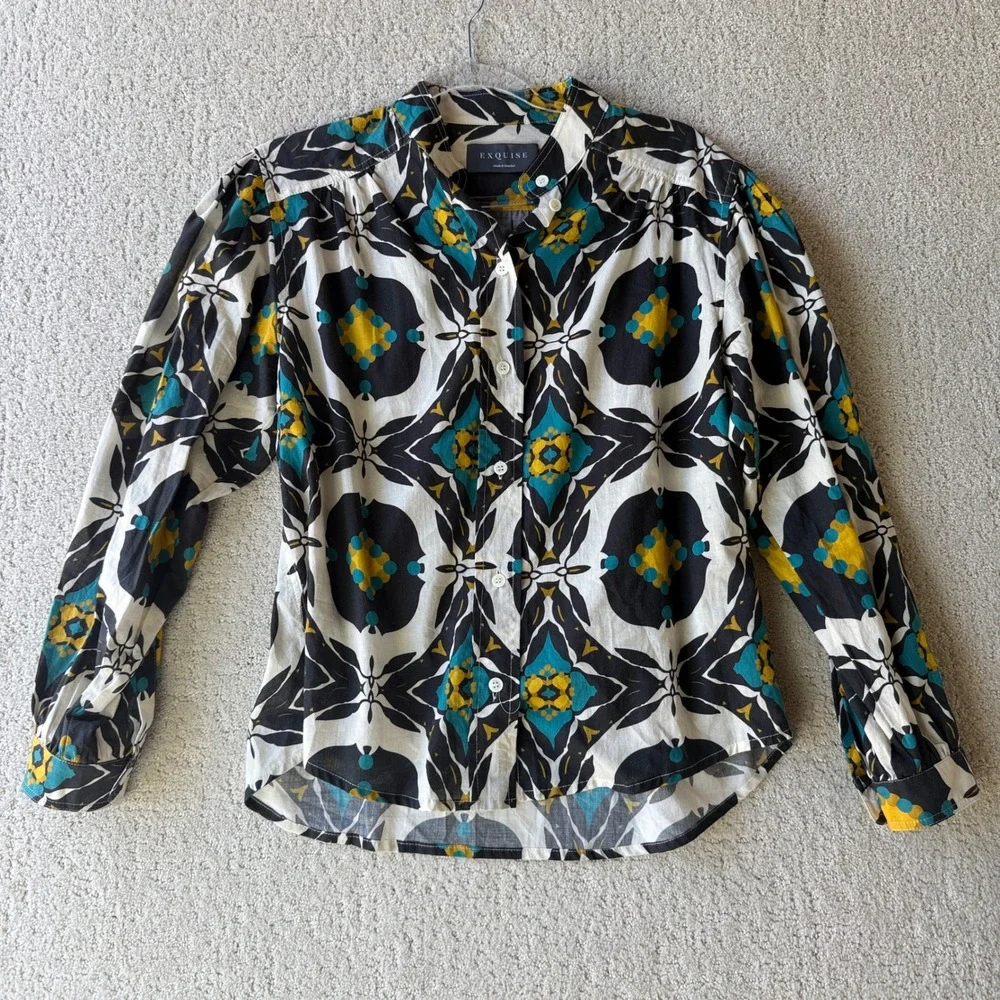 Anthropologie Exquise Button Down Shirt 4 Multi Geometric Kaleidoscope Print - Picture 7 of 15